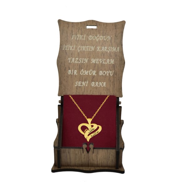 Gümüş Çift Kalp Tasarım Arapça İsimli Kolye