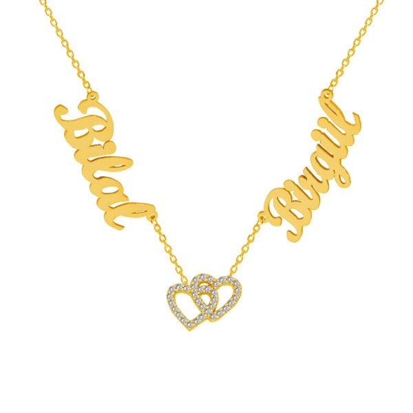 Gümüş Çift Kalpli 2 İsimli Aile Kolyesi