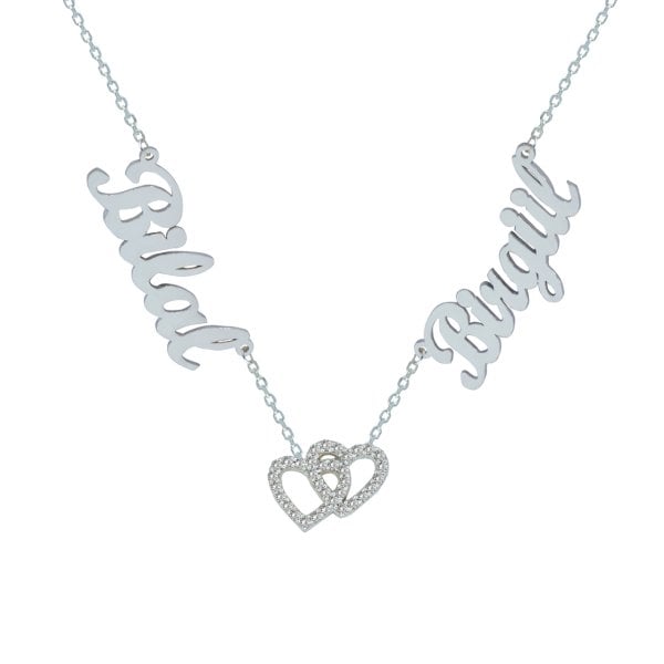 Gümüş Çift Kalpli 2 İsimli Aile Kolyesi