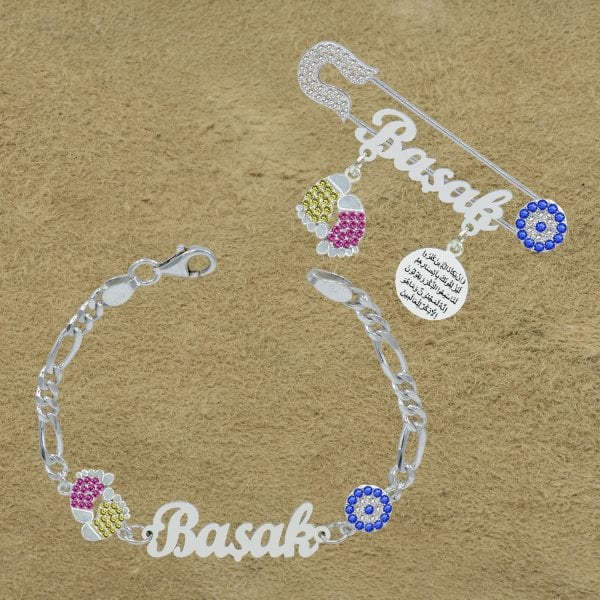 Gümüş İsimli Bebek Yaka İğnesi Bileklik