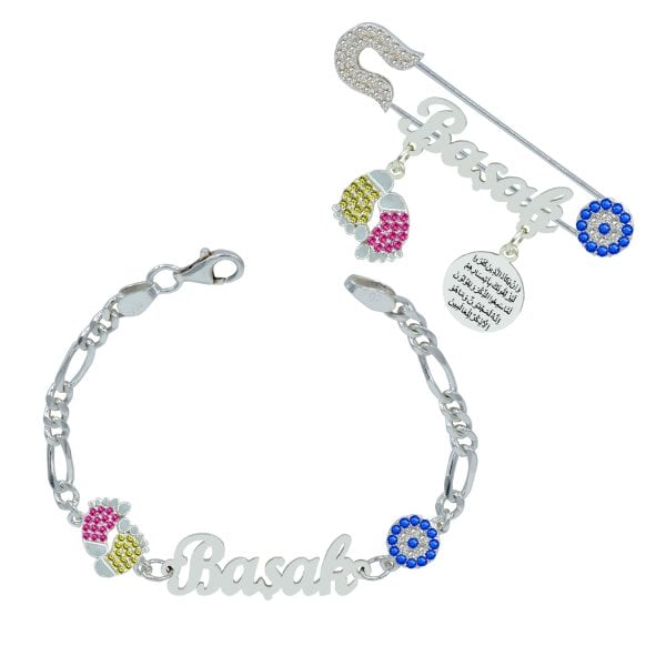 Gümüş İsimli Bebek Yaka İğnesi Bileklik