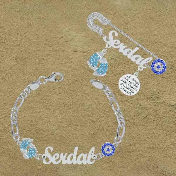 Gümüş İsimli Bebek Çatal İğne Bileklik Set