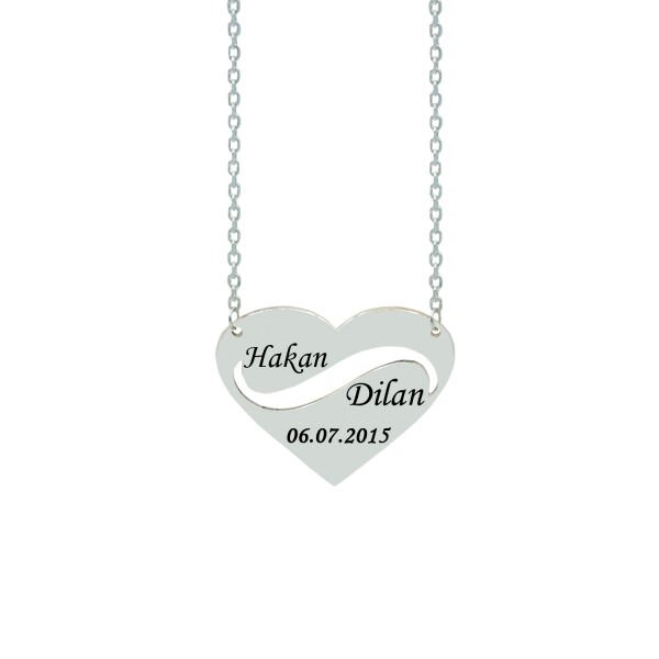 Gümüş Kalpli Tasarım Sonsuzluk İsimli Kolye