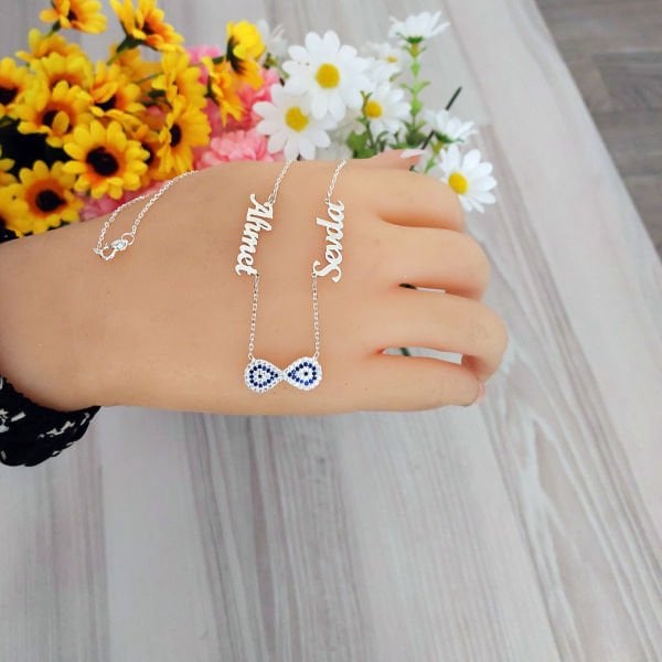 Gümüş Nazarlı Sonsuzluk 2 İsimli Aile Kolyesi