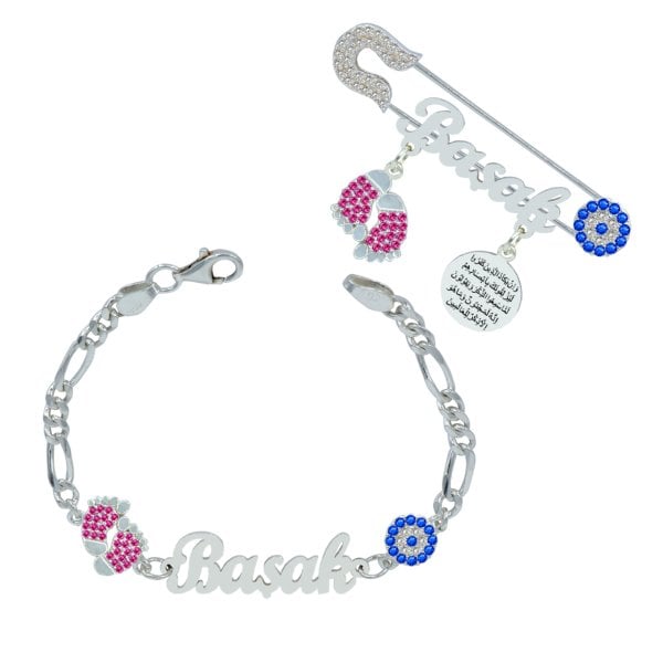 Gümüş İsimli Kız Bebek İğnesi Künyesi Set