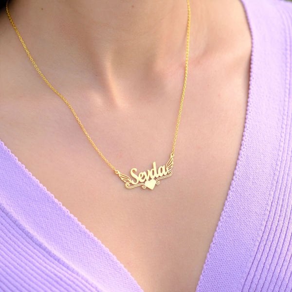 Gümüş Melek Kanatlı Kalpli İsimli Kolye