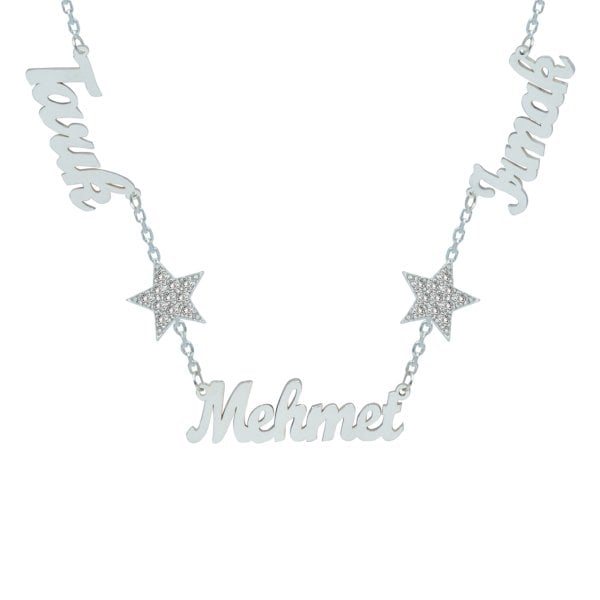Gümüş Beyaz Taş Yıldızlı 3 İsimli Aile Kolyesi