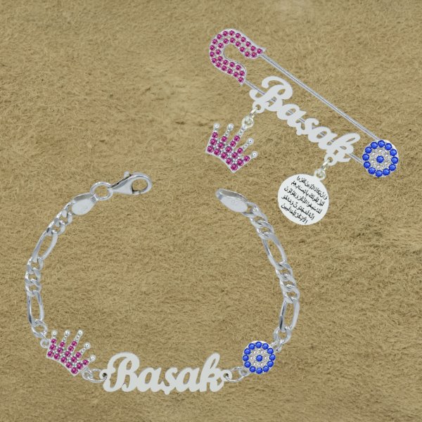 Gümüş Taçlı Kız Bebek İğnesi Bileklik