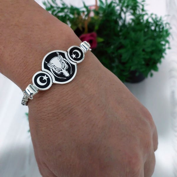 Gümüş Kurtlu Ay Yıldızlı Erkek Bileklik