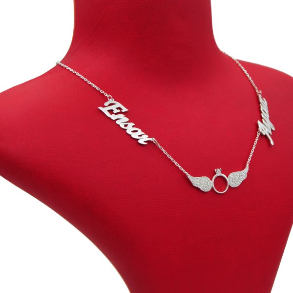 Gümüş Melek Kanatlı 2 İsimli Aile Kolyesi