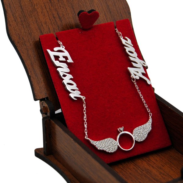 Gümüş Melek Kanatlı 2 İsimli Aile Kolyesi