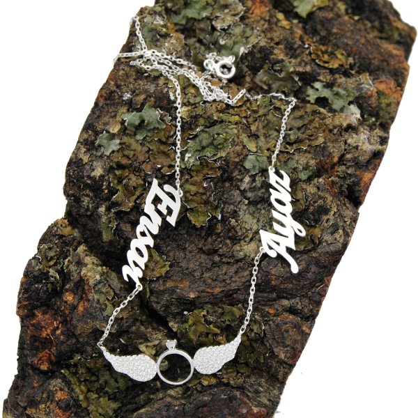 Gümüş Melek Kanatlı 2 İsimli Aile Kolyesi