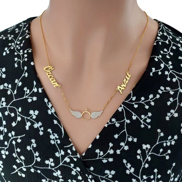 Gümüş Melek Kanatlı 2 İsimli Aile Kolyesi