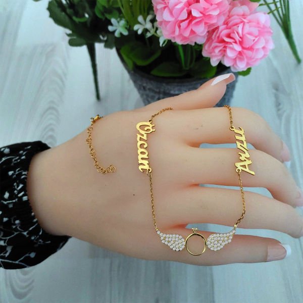 Gümüş Melek Kanatlı 2 İsimli Aile Kolyesi