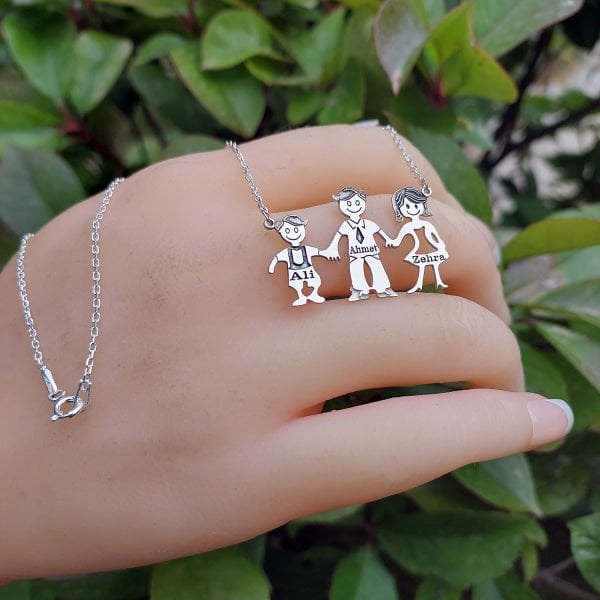 Gümüş Özel Tasarım İsimli Çöp Aile Kolyesi