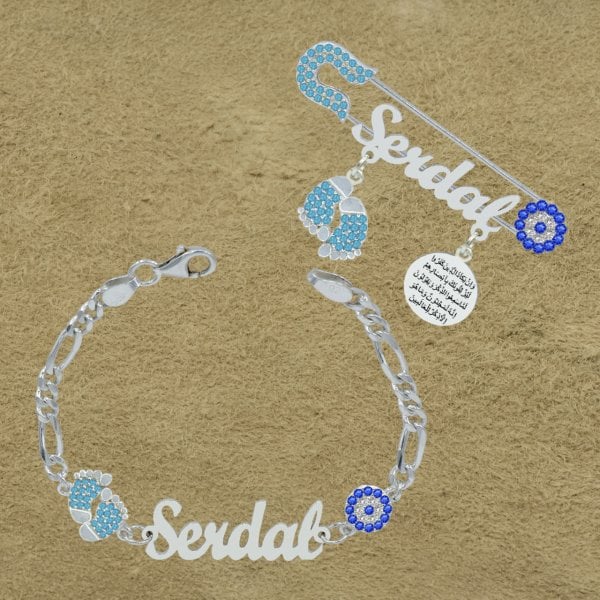 Gümüş İsimli Erkek Bileklik İğnesi Seti