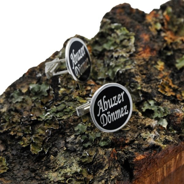 Gümüş Yuvarlak Plaka Mineli İsimli Kol Düğmesi