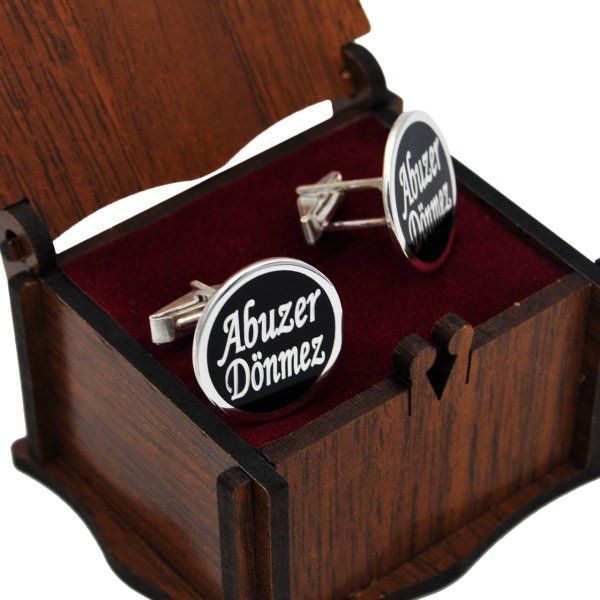 Gümüş Yuvarlak Plaka Mineli İsimli Kol Düğmesi