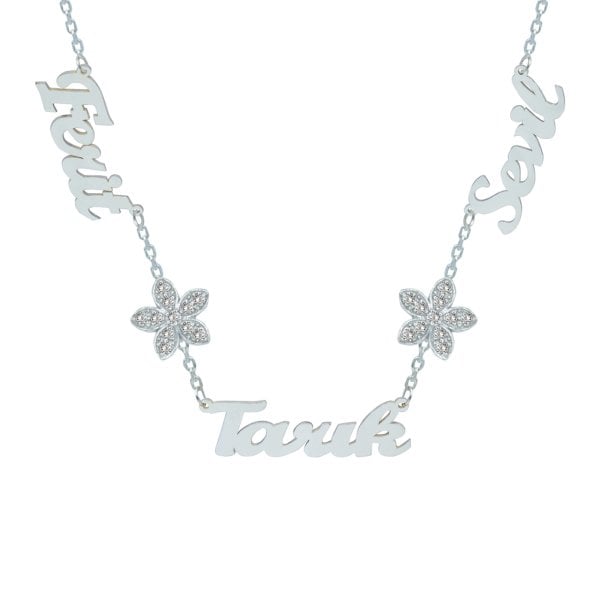 Gümüş Taşlı Papatyalı 3 İsimli Aile Kolyesi