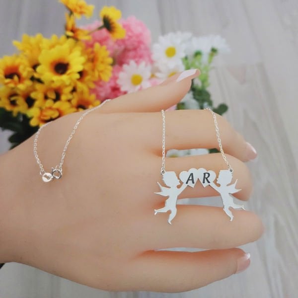 Gümüş Melek Kanatlı Kalpli İsimli Çöp Aile Kolyesi