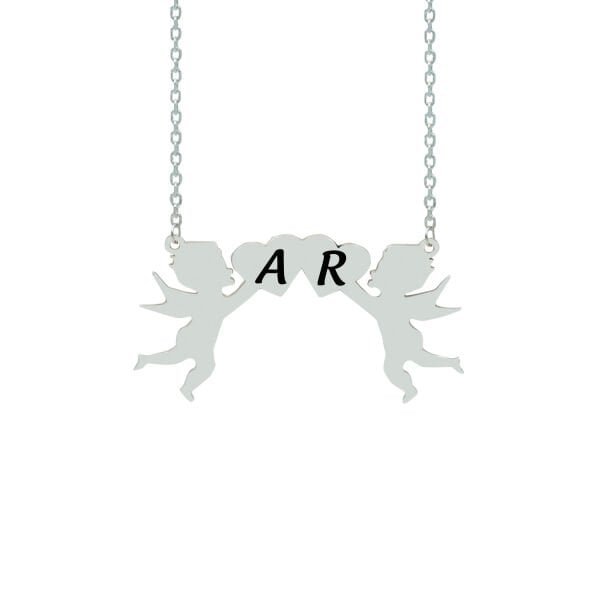 Gümüş Melek Kanatlı Kalpli İsimli Çöp Aile Kolyesi