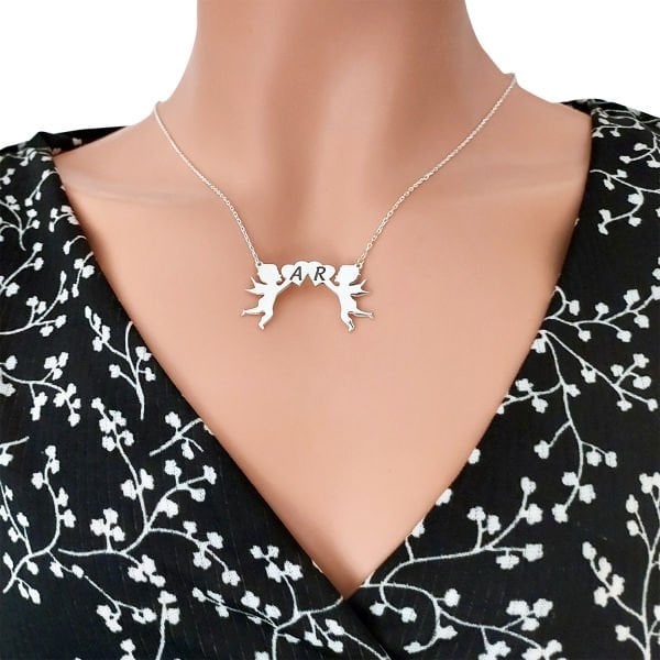 Gümüş Melek Kanatlı Kalpli İsimli Çöp Aile Kolyesi