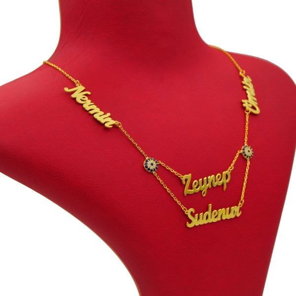 Gümüş Çift Nazar Boncuklu 4 İsimli Kolye