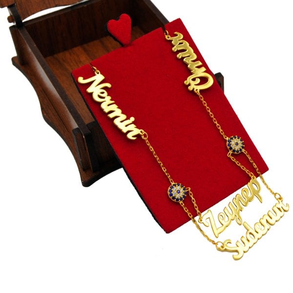 Gümüş Çift Nazar Boncuklu 4 İsimli Kolye