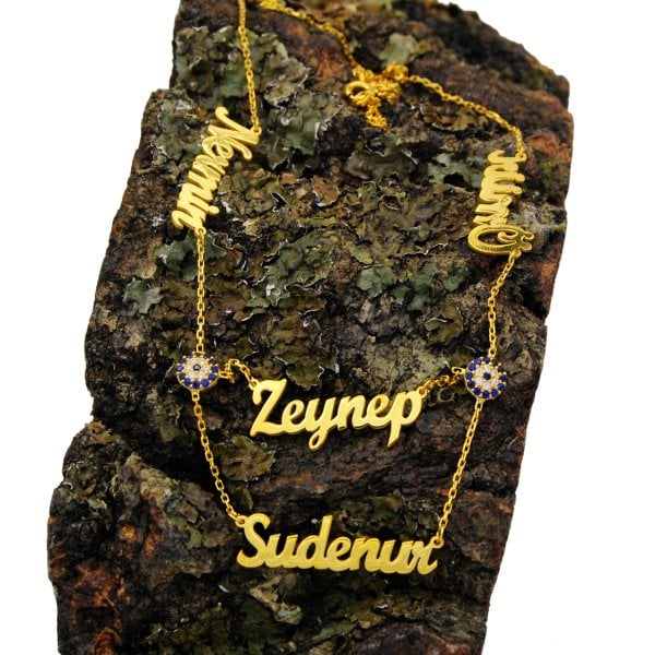 Gümüş Çift Nazar Boncuklu 4 İsimli Kolye