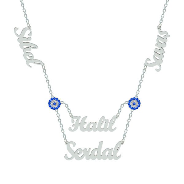 Gümüş Çift Nazar Boncuklu 4 İsimli Kolye