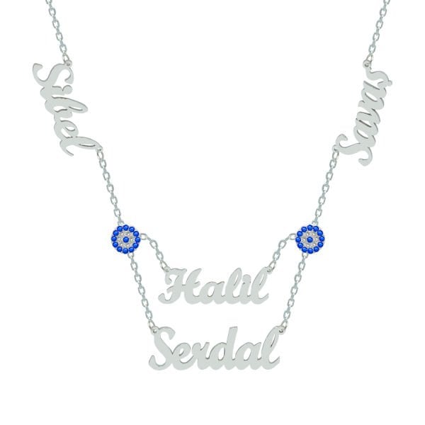 Gümüş Çift Nazar Boncuklu 4 İsimli Kolye