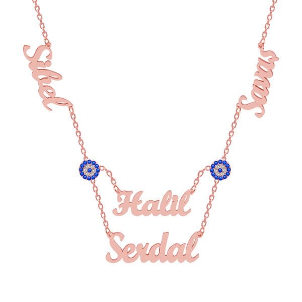 Gümüş Çift Nazar Boncuklu 4 İsimli Kolye