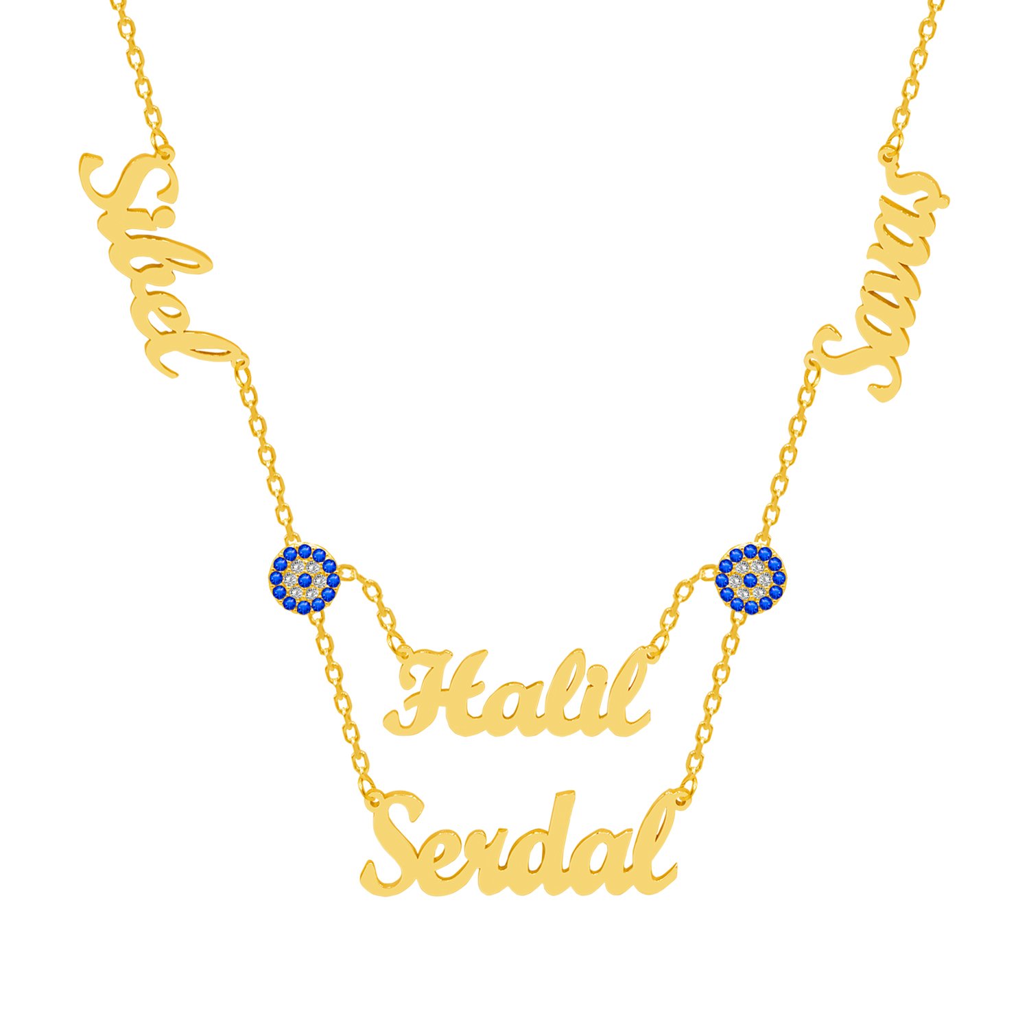 Gümüş Çift Nazar Boncuklu 4 İsimli Kolye