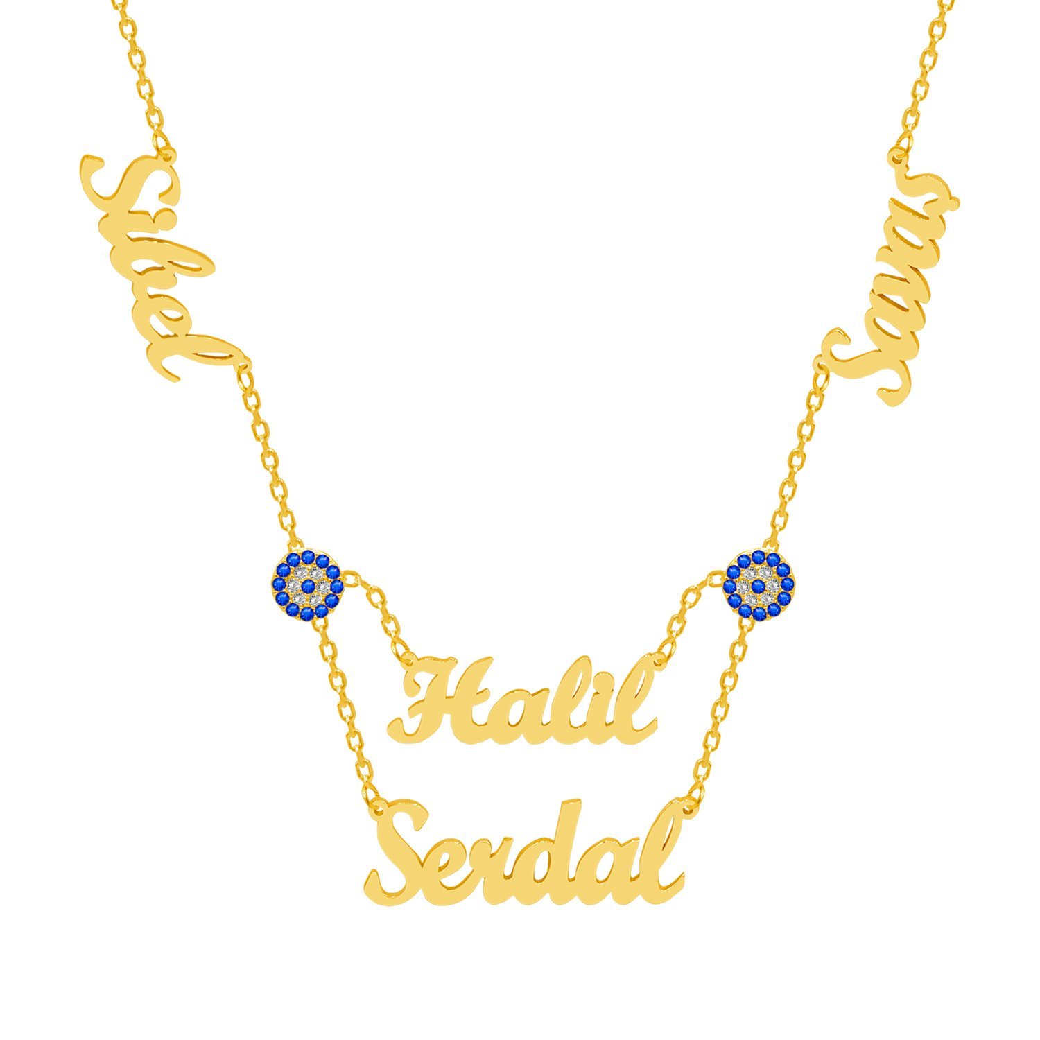 Gümüş Çift Nazar Boncuklu 4 İsimli Kolye