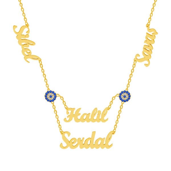 Gümüş Çift Nazar Boncuklu 4 İsimli Kolye