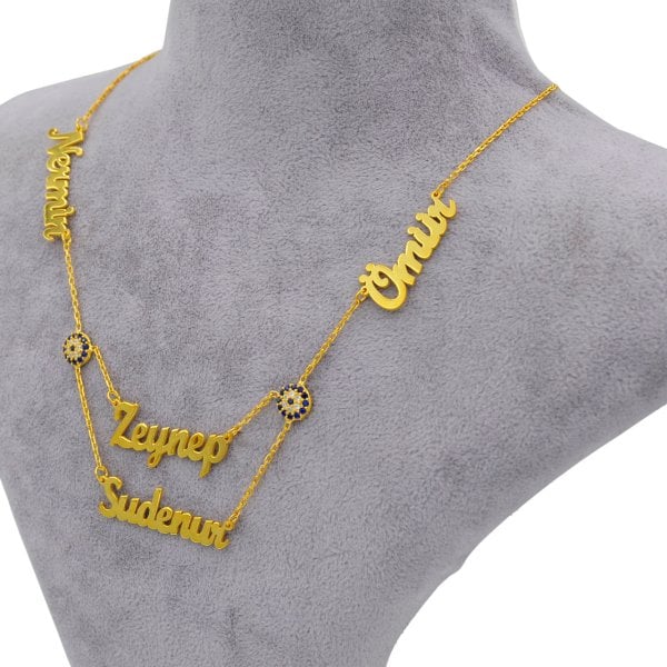 Gümüş Çift Nazar Boncuklu 4 İsimli Kolye