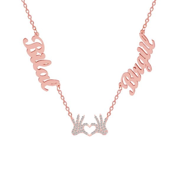 Gümüş Kalpli El Figürlü 2 İsimli Aile Kolyesi