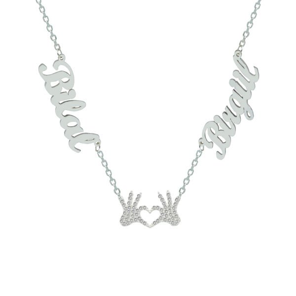 Gümüş Kalpli El Figürlü 2 İsimli Aile Kolyesi