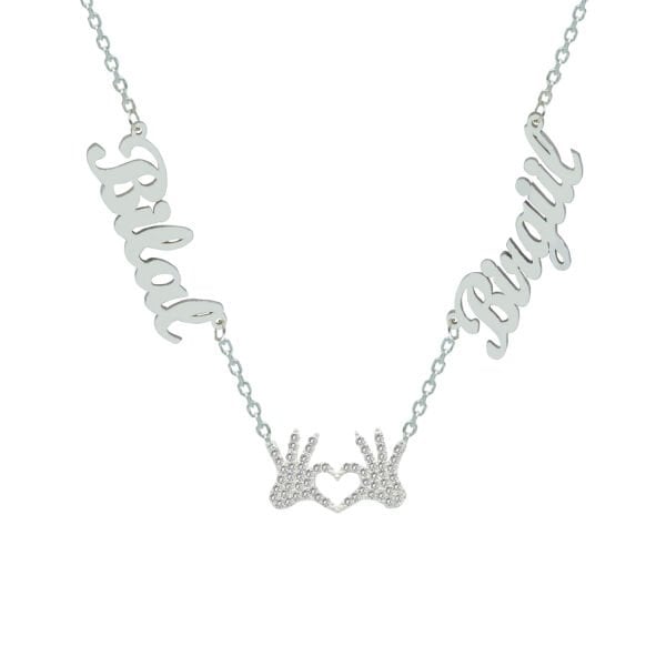 Gümüş Kalpli El Figürlü 2 İsimli Aile Kolyesi