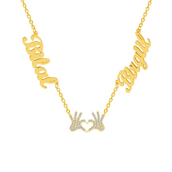 Gümüş Kalpli El Figürlü 2 İsimli Aile Kolyesi