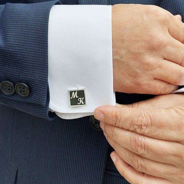 Gümüş Kare Plaka Mineli Harfli Kol Düğmesi