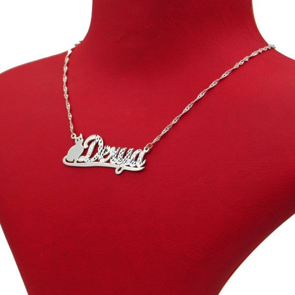 Gümüş Kedi Figürlü İsimli Kolye