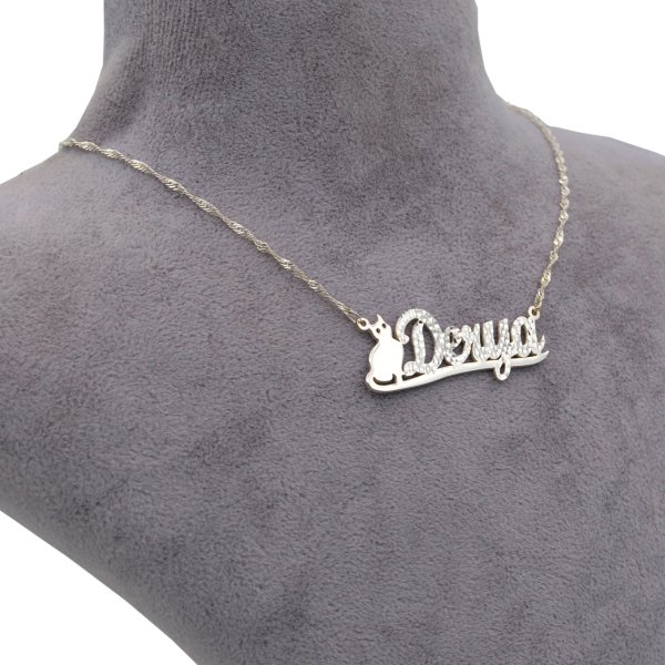 Gümüş Kedi Figürlü İsimli Kolye