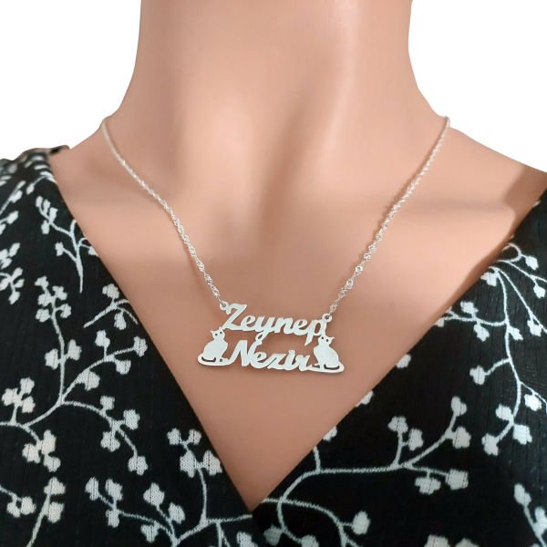 Gümüş Kedi Tasarımlı İsimli Kolye