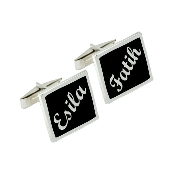 Gümüş Kare Plaka Mineli İsimli Kol Düğmesi