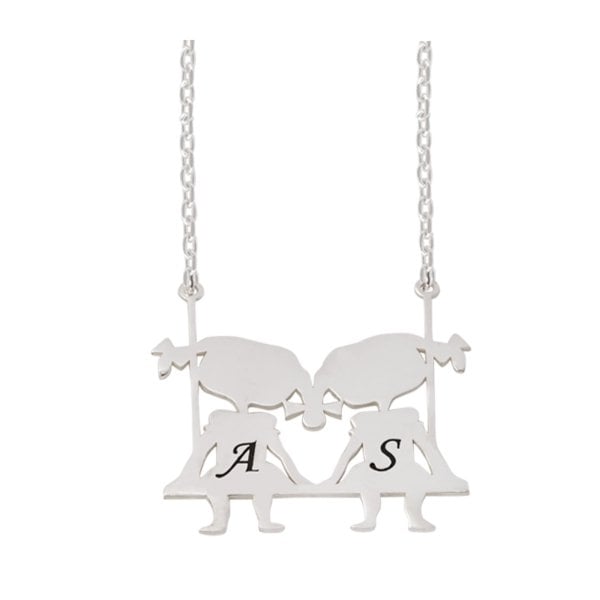 Gümüş İkiz Kız Kardeş İsimli Çöp Aile Kolyesi