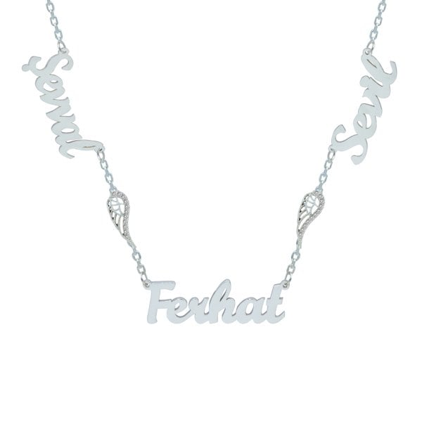 Gümüş Melek Kanatlı 3 İsimli Aile Kolyesi