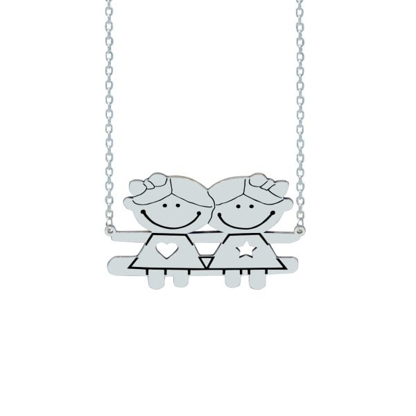 Gümüş Kız Kardeş Tasarımlı Çöp Aile İsimli Kolye