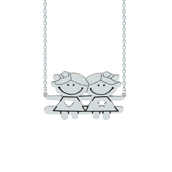 Gümüş Kız Kardeş Tasarımlı Çöp Aile İsimli Kolye