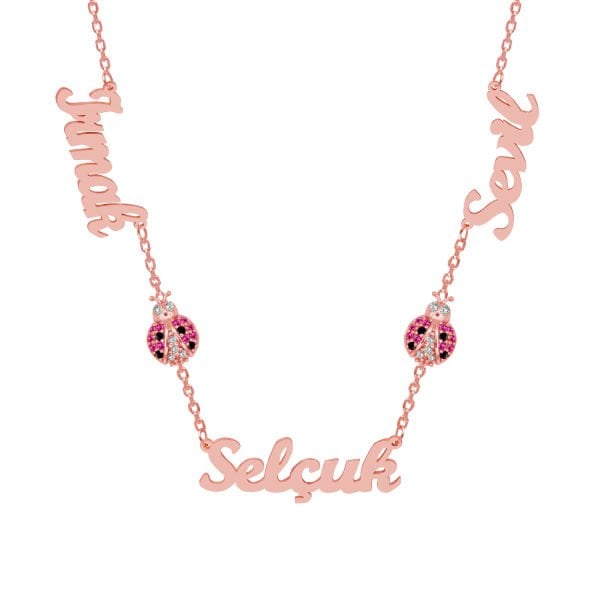 Gümüş Taşlı Uğur Böcekli 3 İsimli Aile Kolyesi